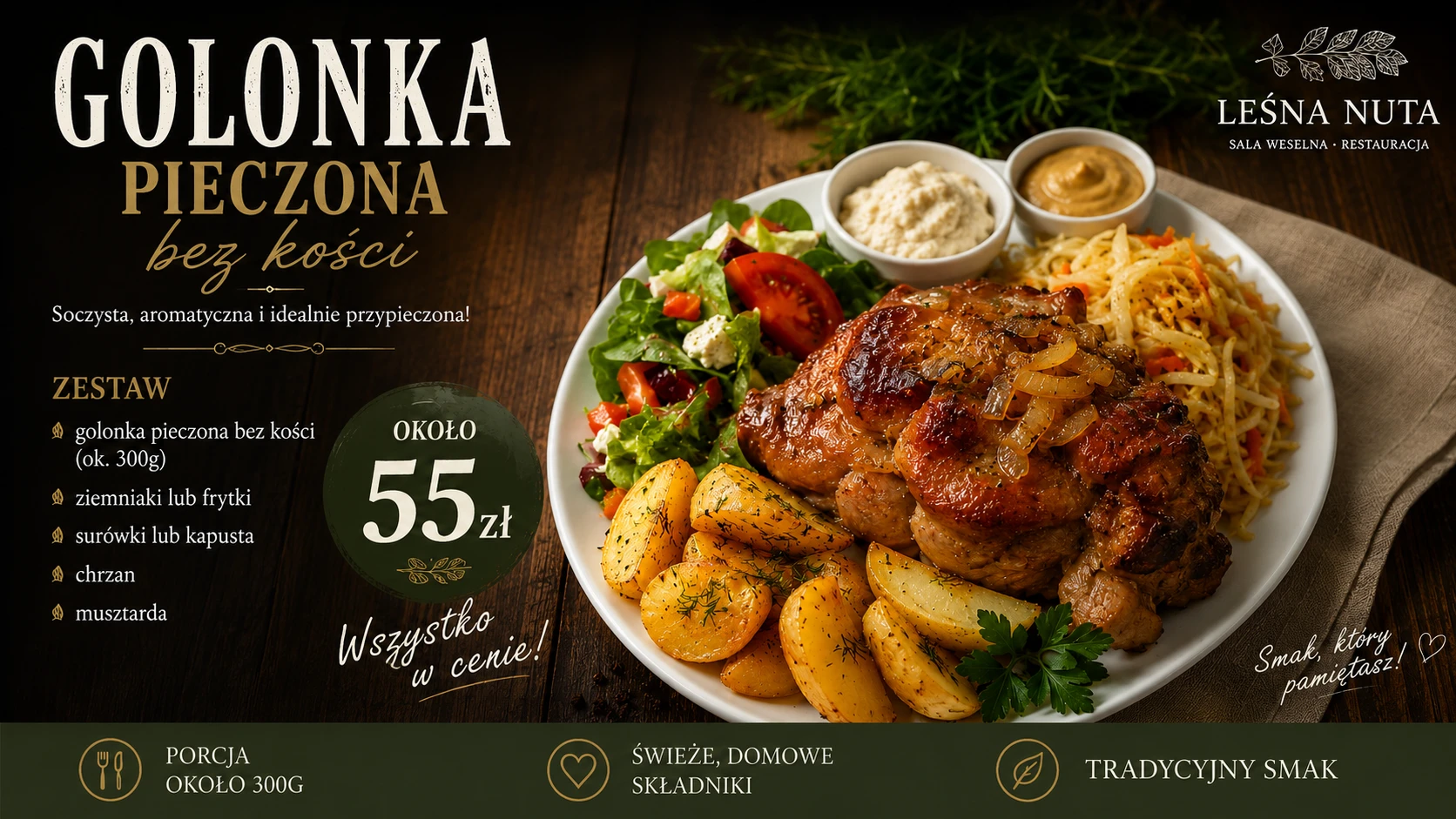 Golonka pieczona bez kości: Porcja około 300 g, ziemniaki lub frytki, surówki lub kapusta, chrzan i musztarda.