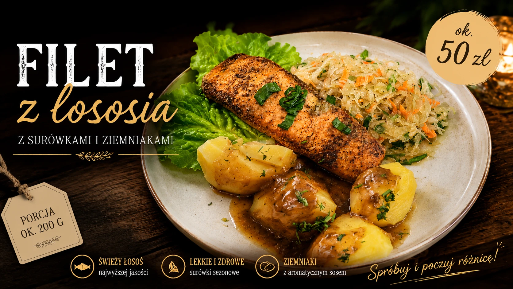 Filet z łososia: Porcja około 200 g, z surówkami i ziemniakami.