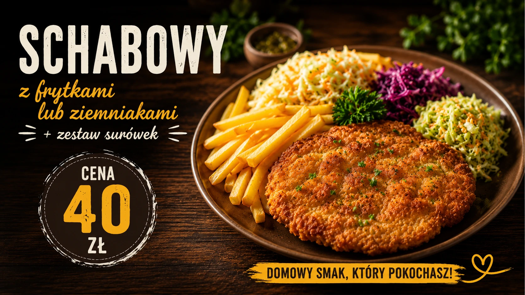 Schabowy: Z frytkami lub ziemniakami i zestawem surówek.